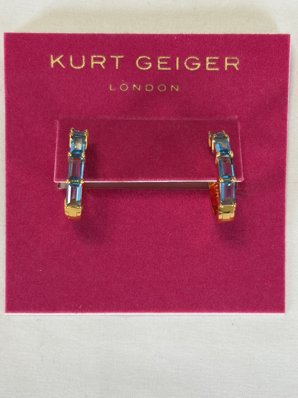 Kurt Geiger Gold Hoop Earrings with Blue Crystal Baguette Stones NWT